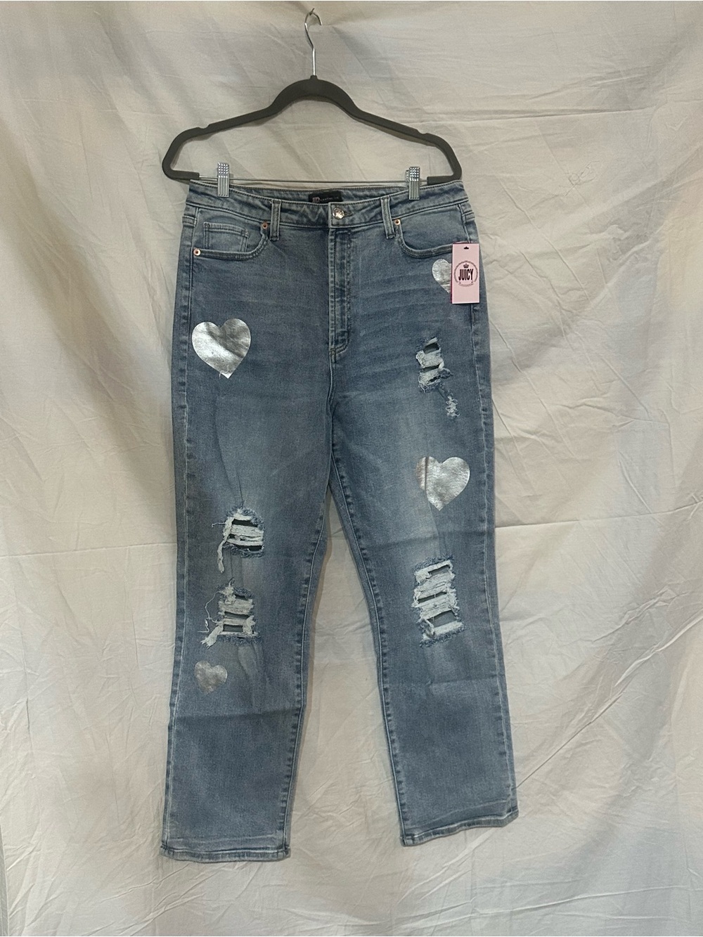 Juicy Couture Gray Straight-Leg Jeans with Silver Heart Patches